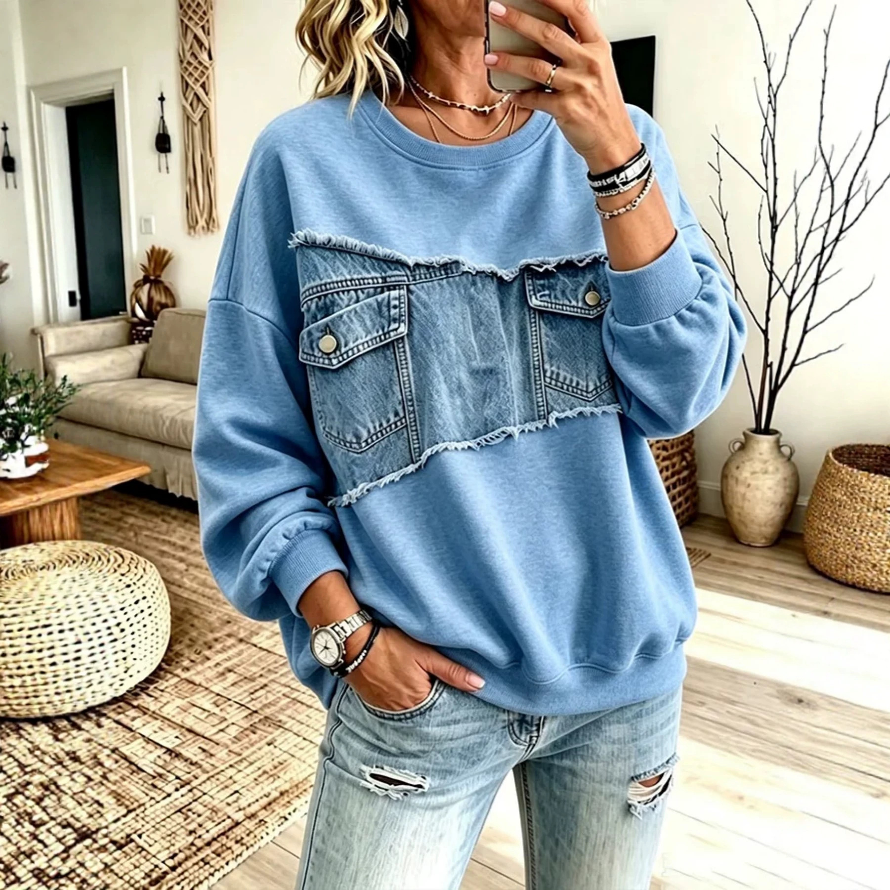Patch Pocket Print Crewneck Long Sleeve Pullover Sweatshirt