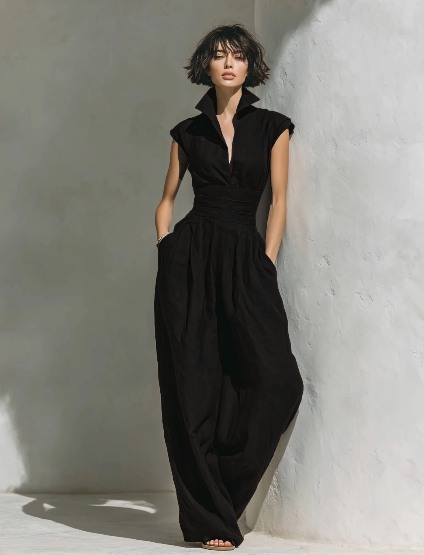 Women's Sleeveless V-Neck Solid Midi Dress with Waist