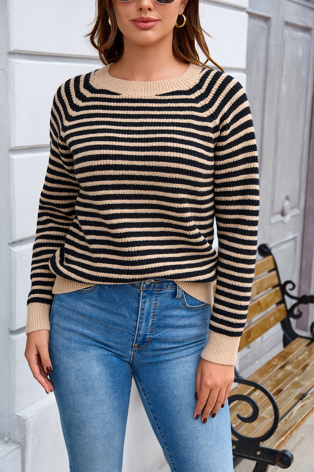 Plus Size Striped Colorblock Crewneck Knit Sweater Long Sleeve Pullover
