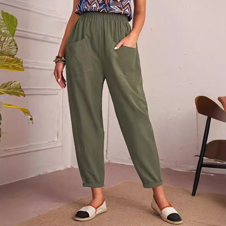Women's All-Season Cotton-Blend Cropped Pants with Elastic Waist and Slant Pockets