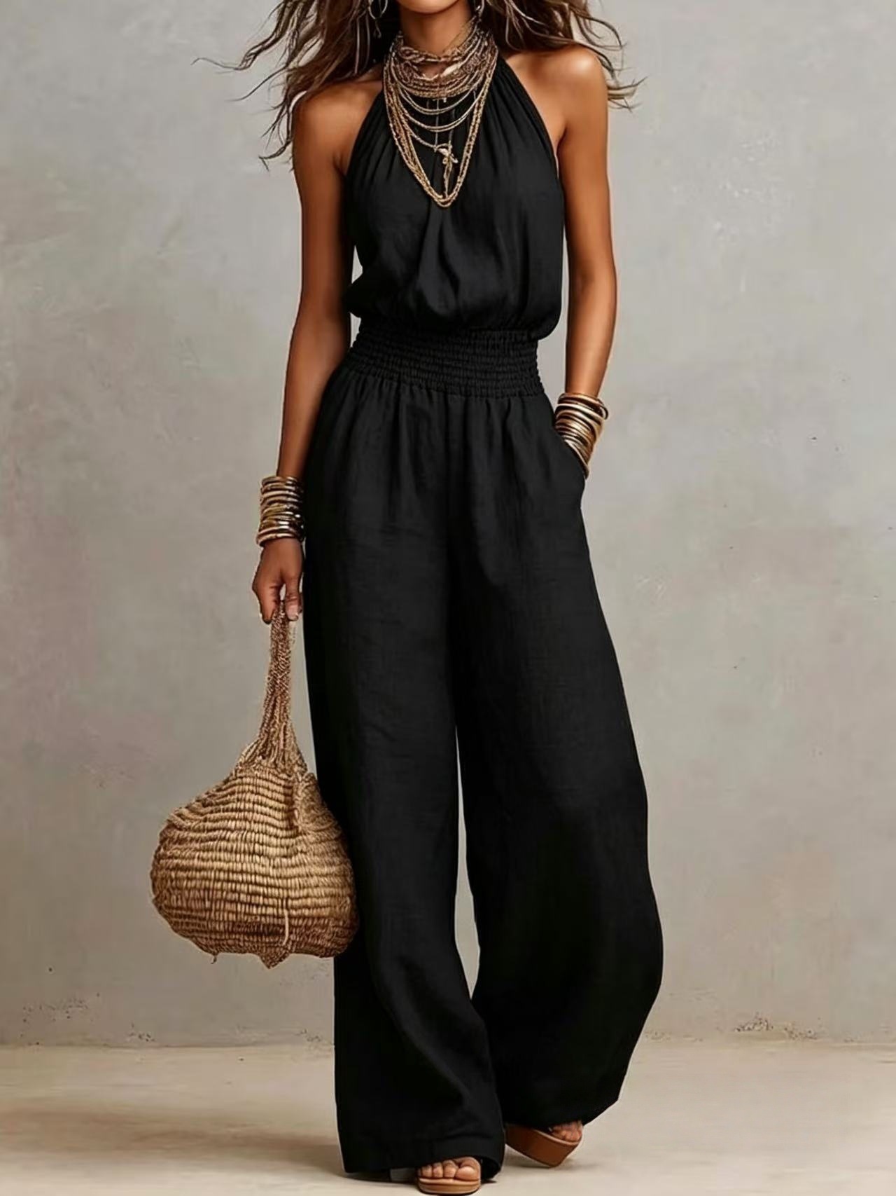 Women's Sleeveless Solid Color Wide-Leg Jumpsuit with Pockets