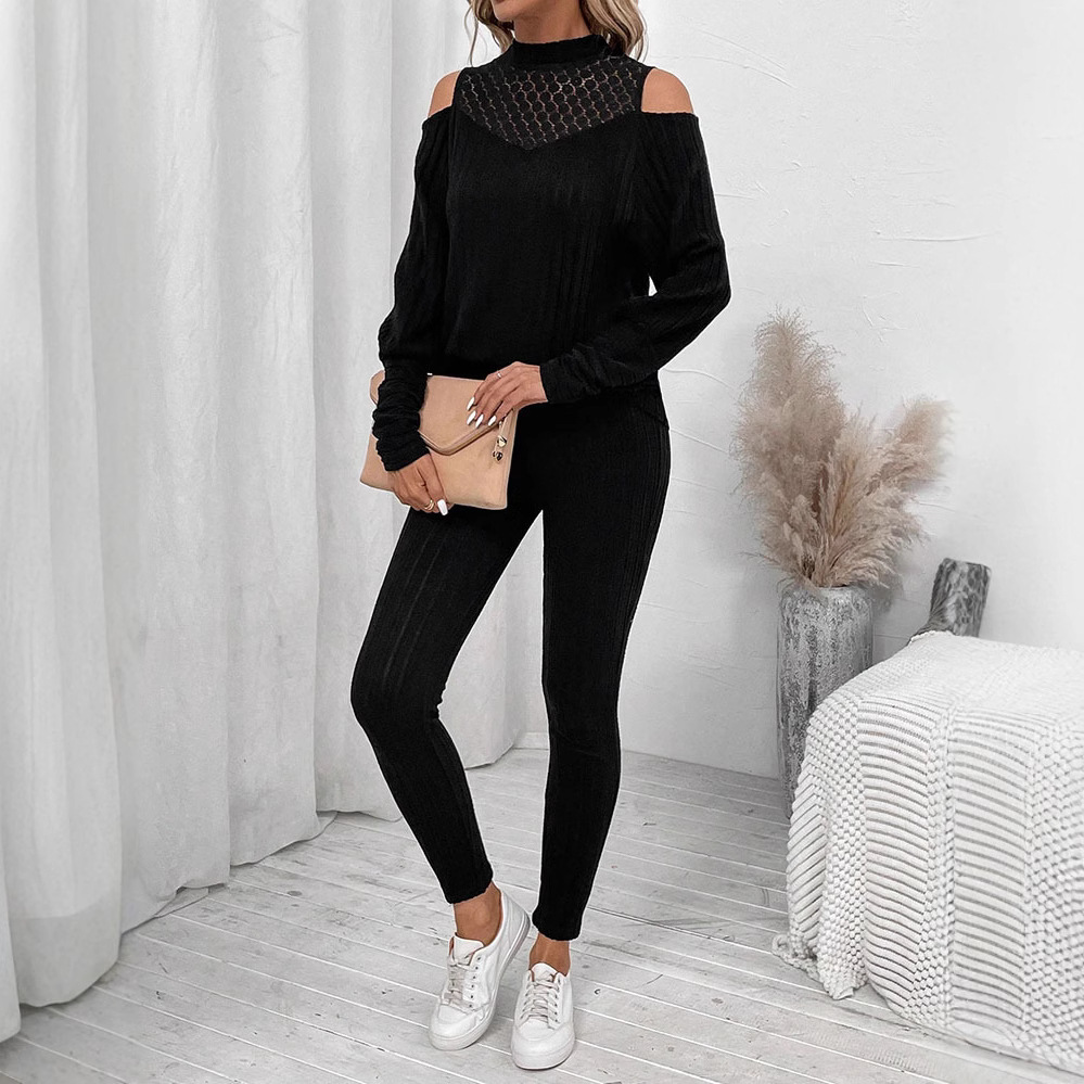 Off-Shoulder Long-Sleeve Top and Pants Two-Piece Set with Cutout Detail
