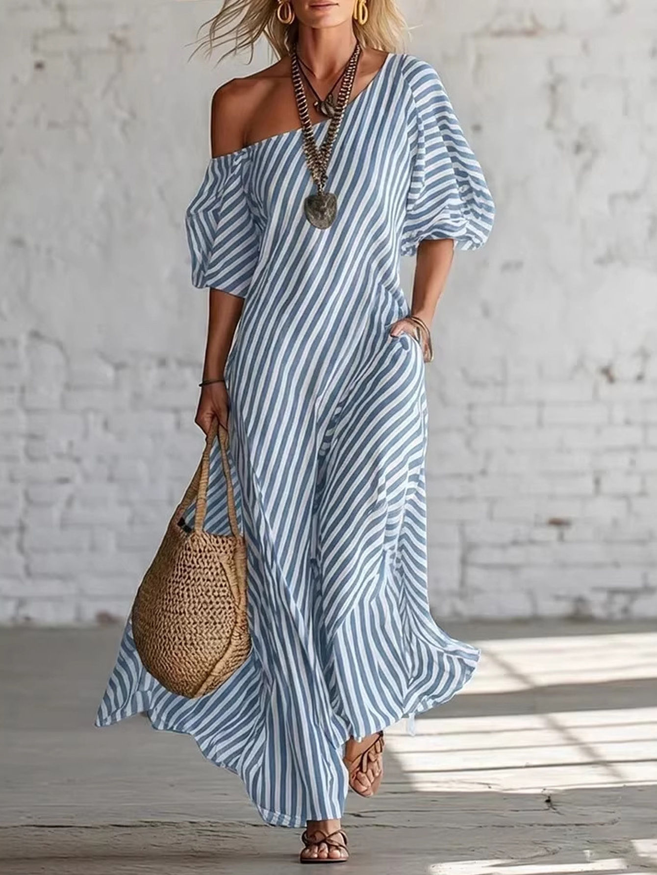 Striped Off-Shoulder Long Dress