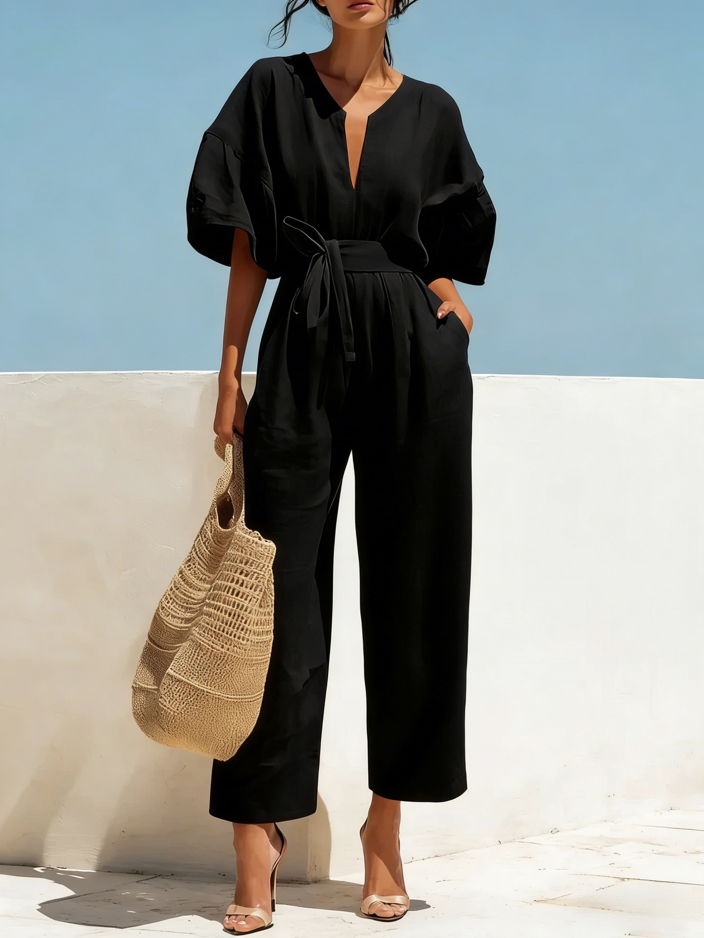 Elegant V-Neck Solid Color Wide-Leg Jumpsuit for Women