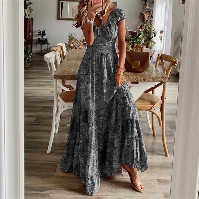 Bohemian V-Neck Floral Print High-Waist Maxi Dress