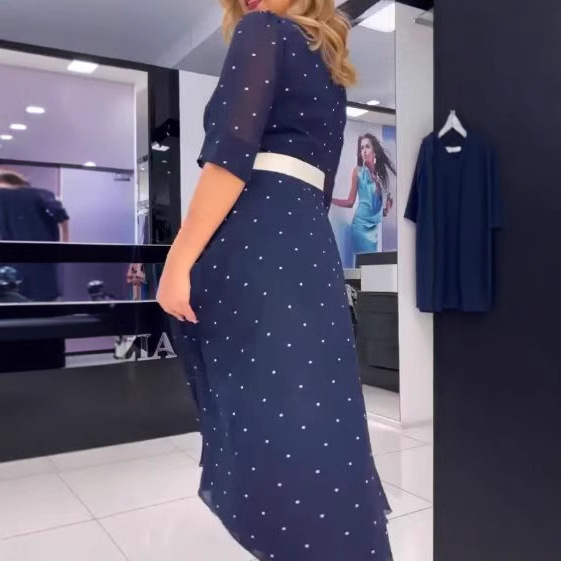 Women's Long Sleeve Polka Dot Print A-Line Dress with Adjustable Waist