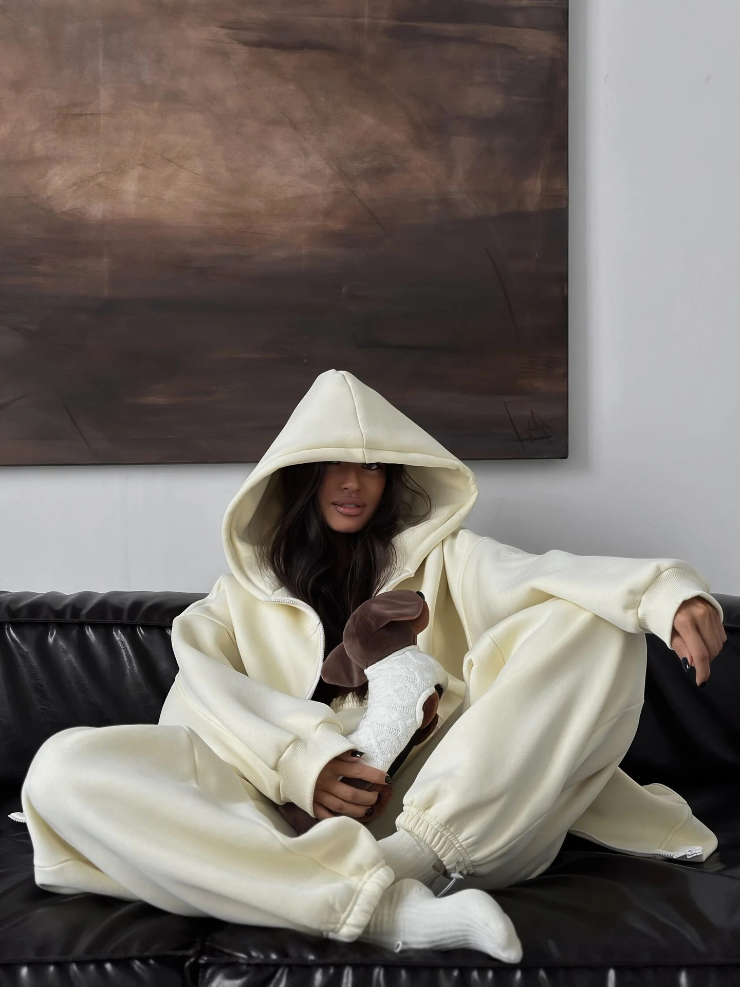Women's Solid Color Zip-Up Hooded Cardigan and Pants Two-Piece Set Plus Size