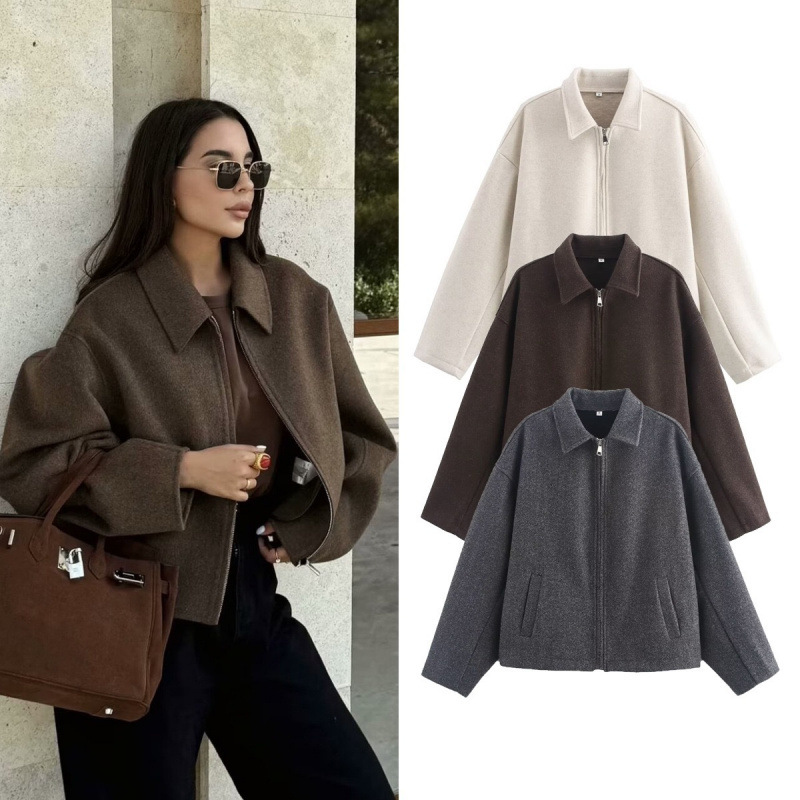 Retro Brown Zip-Up Long-Sleeve Cropped Jacket