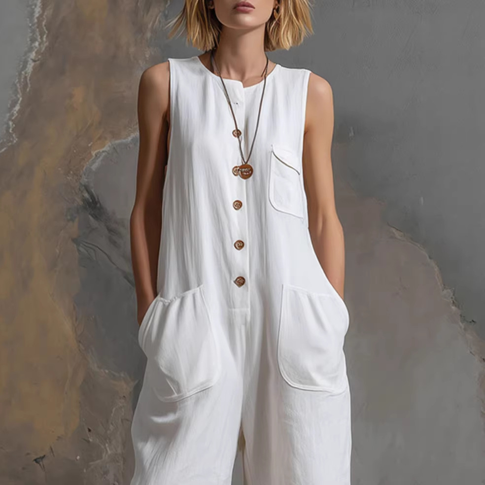 Women's Sleeveless Cotton-Linen Wide-Leg Capri Jumpsuit