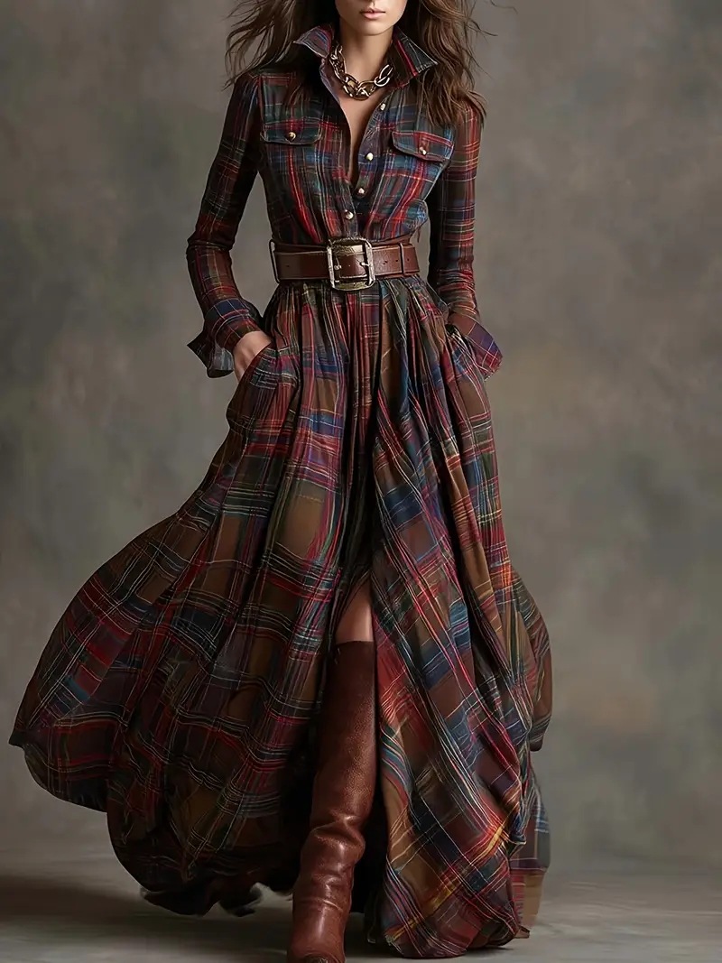 French Vintage Plaid Irregular Shirt Dress with Belt