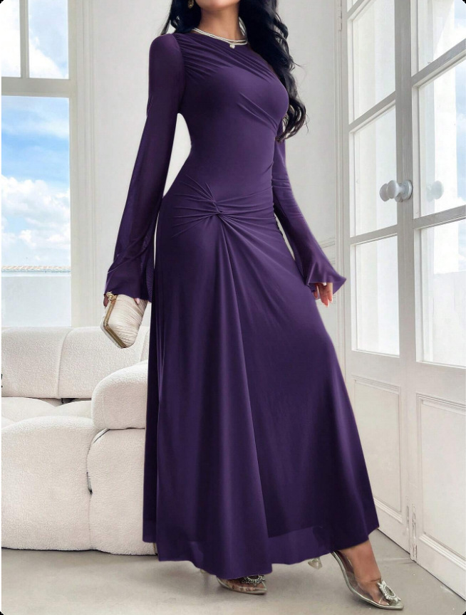 Flare Sleeve Bodycon Midi Dress with Crinkle Texture