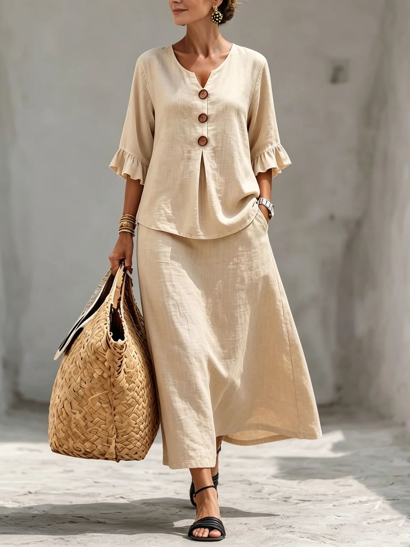 Women's Solid Button V-Neck Ruffle Three-Quarter Sleeve Top and Skirt Set
