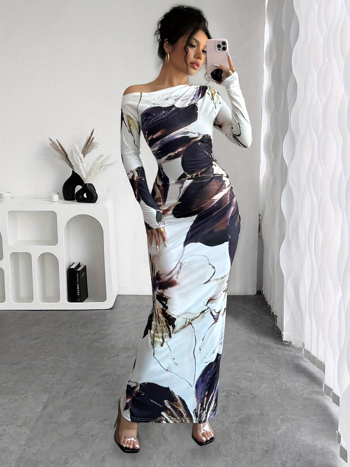 Off-Shoulder Floral Print Bodycon Long Dress