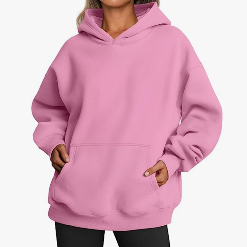 Women's Fleece-Lined Hooded Sweatshirt, Cotton Blend, Loose Fit, Solid Color