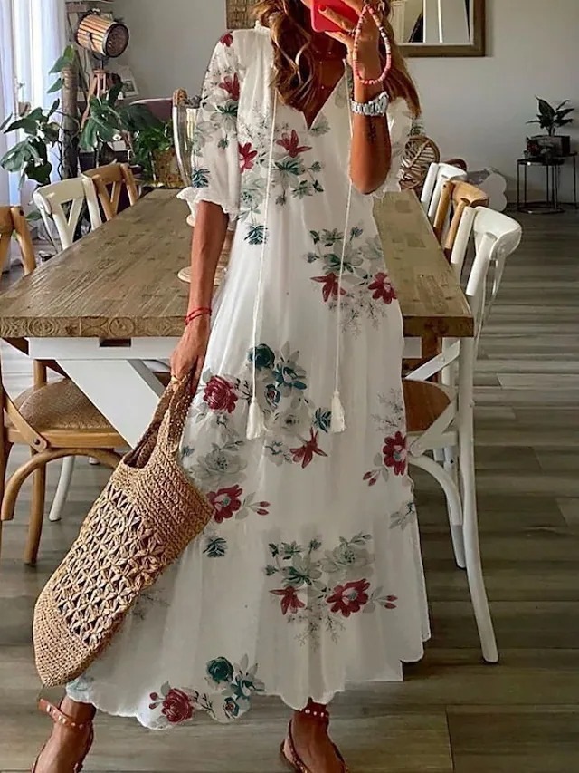 Women's Casual V-Neck Printed Tassel Midi Dress Loose A-Line