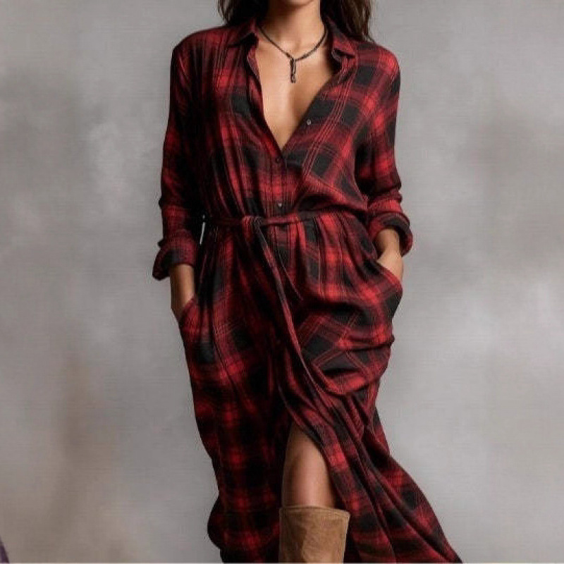 Women's Plus Size Midi Shirt Dress Loose Side Slit Plaid