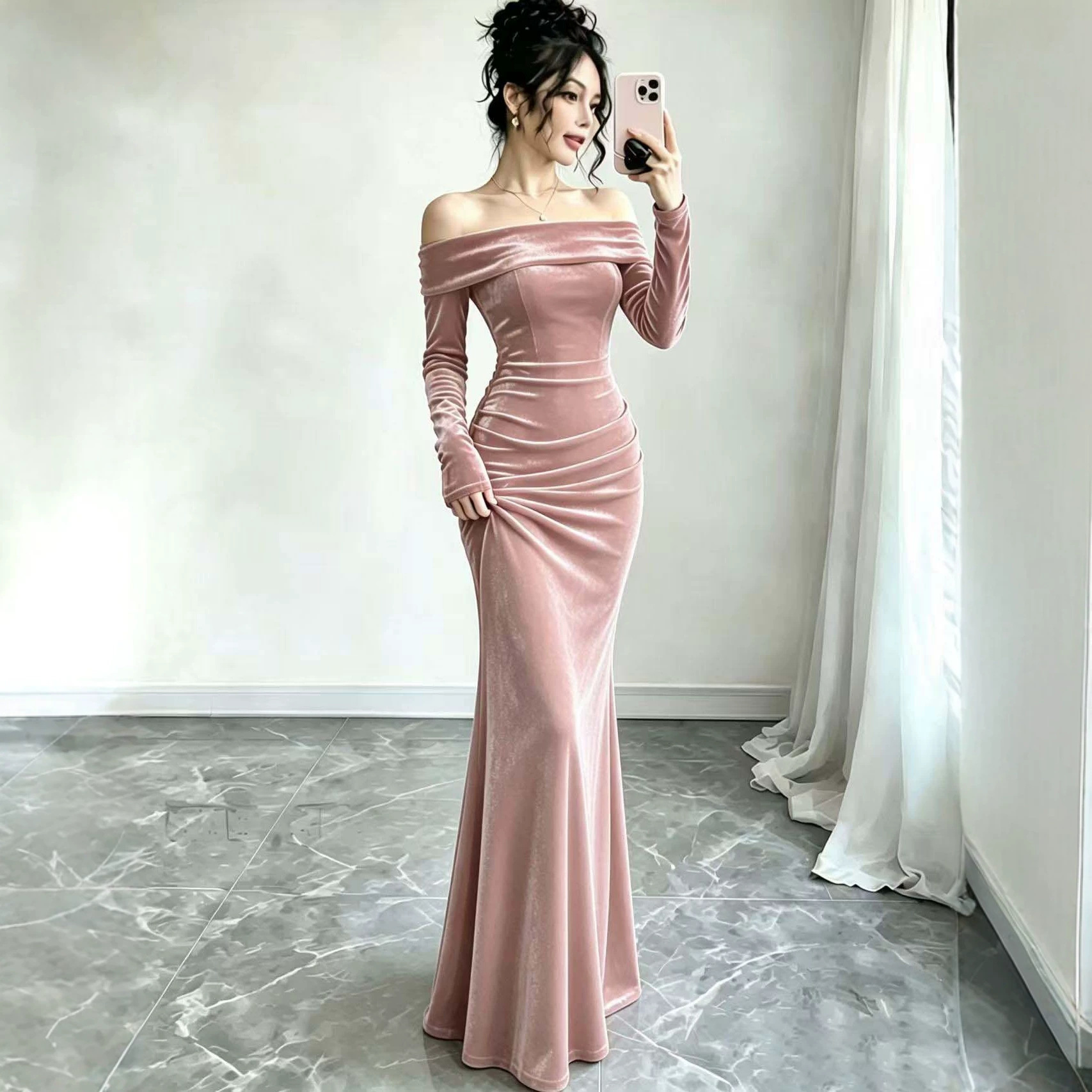 Gold Velvet Off-Shoulder Long Sleeve Bodycon Maxi Dress