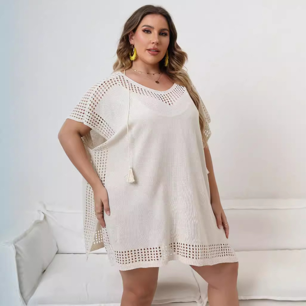Women's Plus Size Hollow Out Spliced Knit V-Neck Loose Beach Bikini Cover-Up