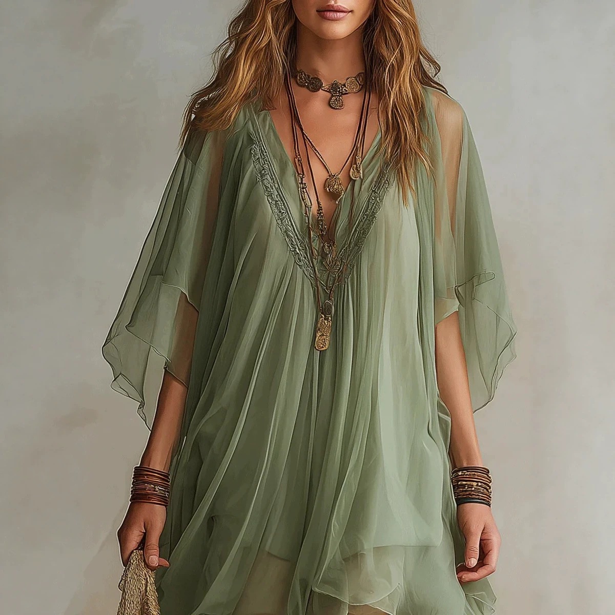 Women's V-Neck Chiffon Two-Piece Dress Set with Loose Beach Cover-Up