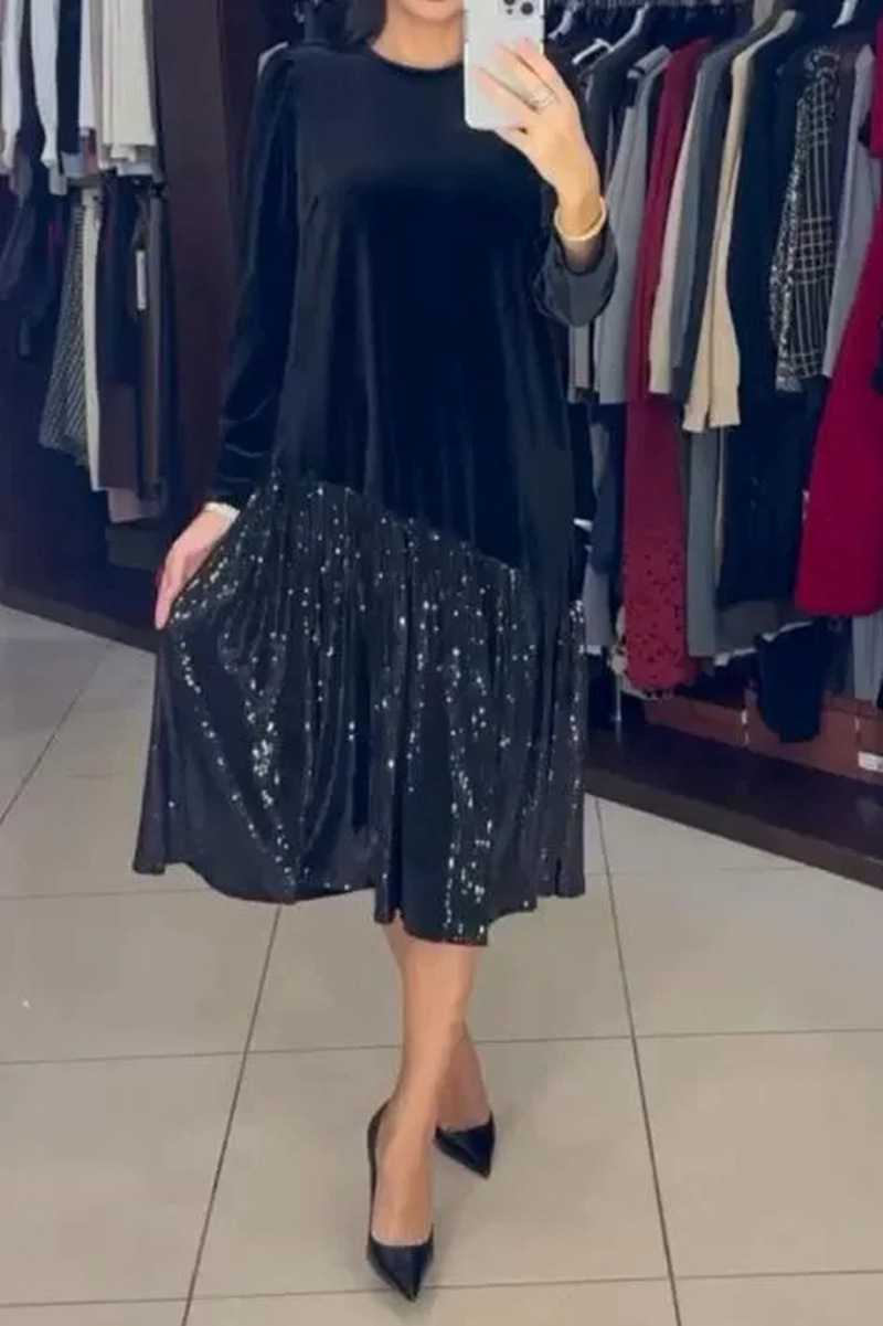 Solid Crewneck Long Sleeve Sequin Hem Dress