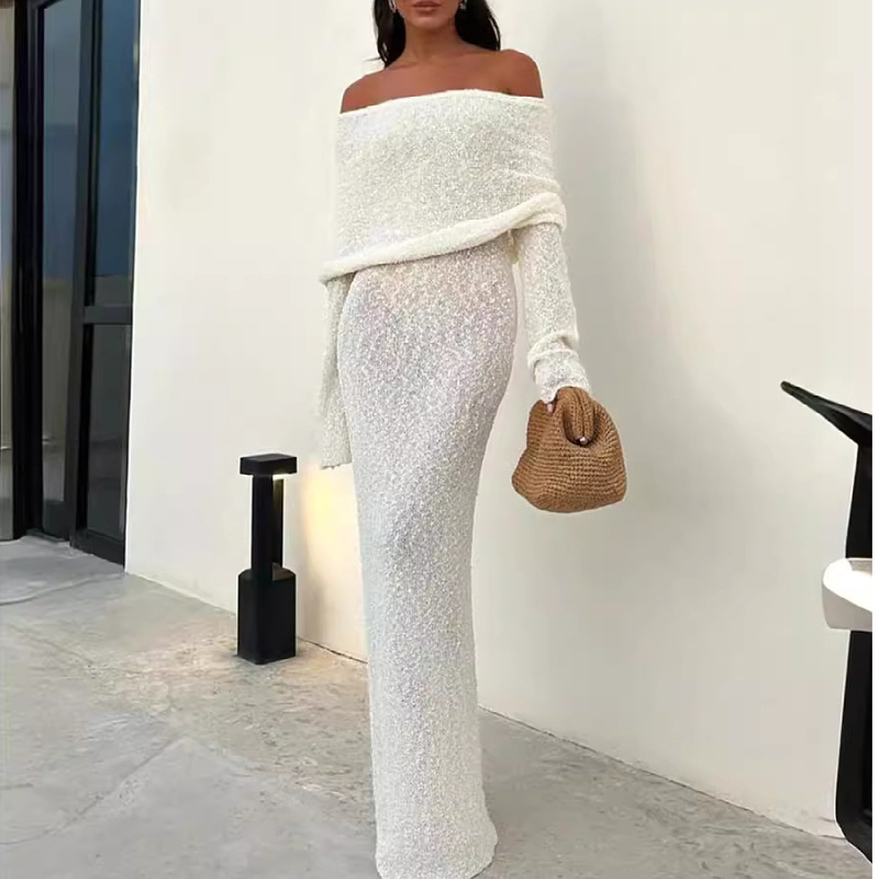 Women's Off-Shoulder Long-Sleeve Knit Maxi Dress