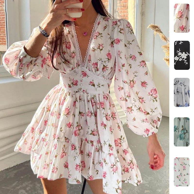 Women's Floral Lace Short Dress with Waist-Cinching V-Neck Lantern Sleeves