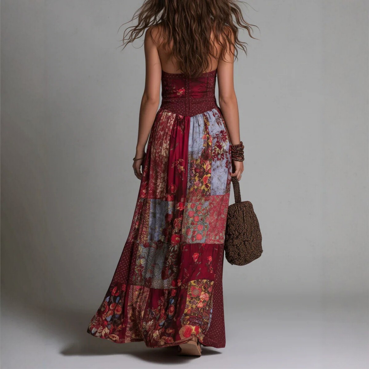 V-Neck Printed Patchwork Maxi Dress with Waist-Cinching Flowy Silhouette