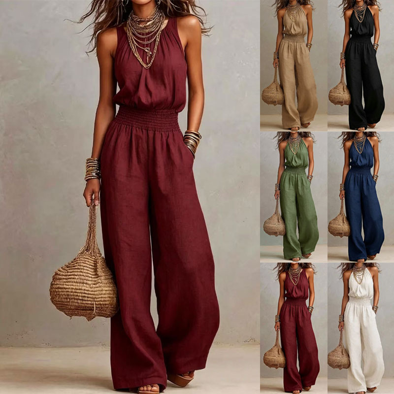 Women's Sleeveless Solid Color Wide-Leg Jumpsuit with Pockets