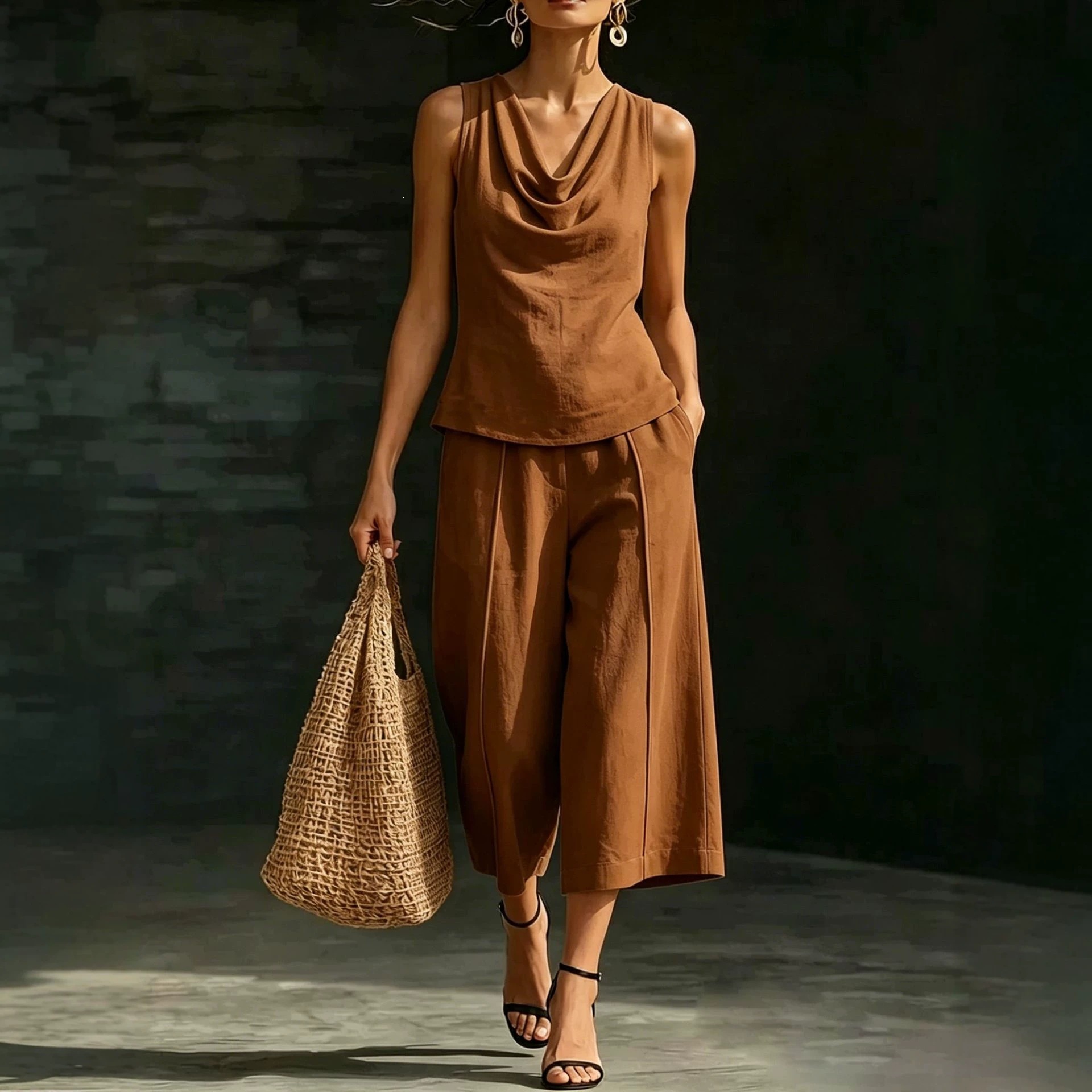 Women's Draped Cowl Neck Sleeveless Top & Cropped Wide-Leg Pants Set