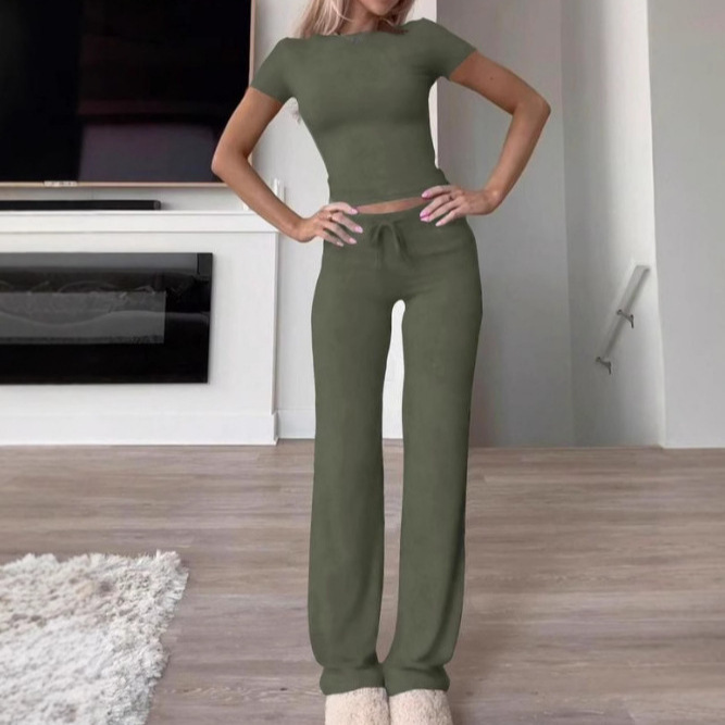 Women's Solid Color Long Pants and Short Sleeve T-Shirt Casual Two-Piece Set