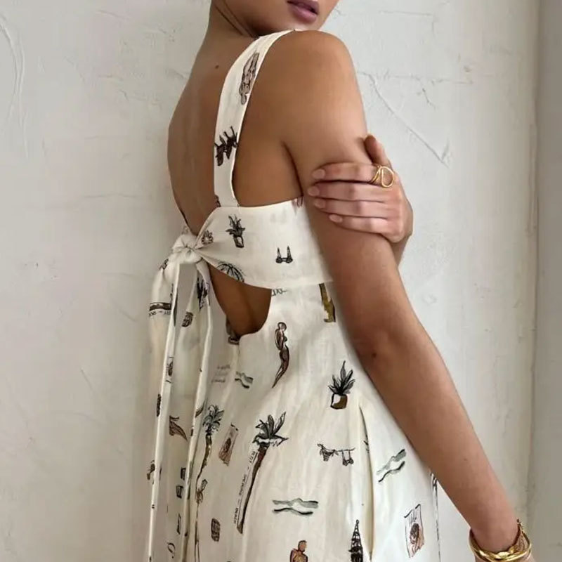 Women's Sleeveless Tie-Strap Printed A-Line Maxi Dress