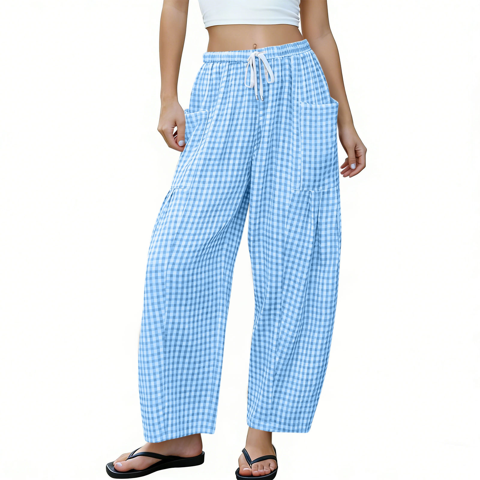 Plaid Wide-Leg Pants for Women High Waist Loose Drapey Floor-Length