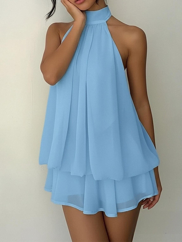 Women's Sleeveless Halter Backless Tie A-Line Mini Dress