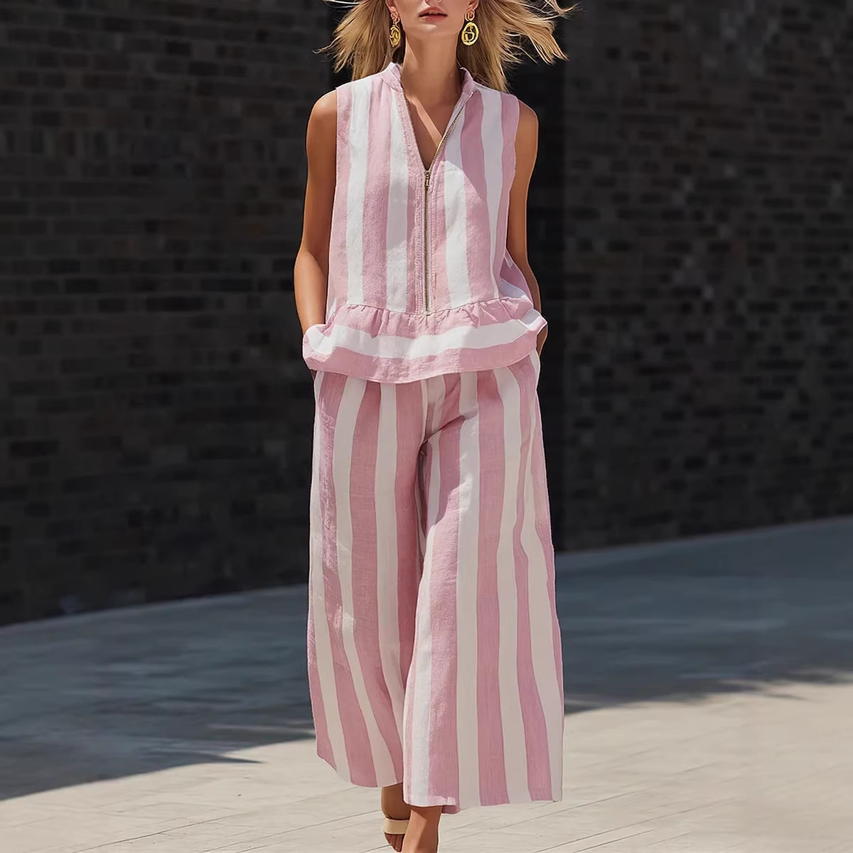 Women's Sleeveless Zip-Up Collared Shirt and Striped Pants Two-Piece Set