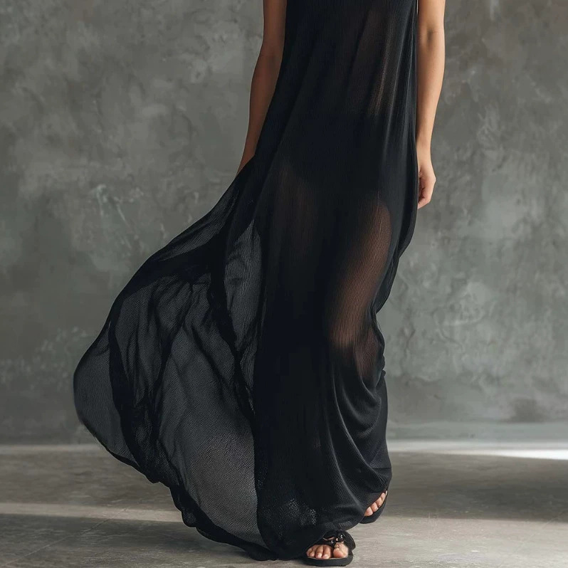 Women's Hooded Black Mesh Long Dress Sleeveless Casual