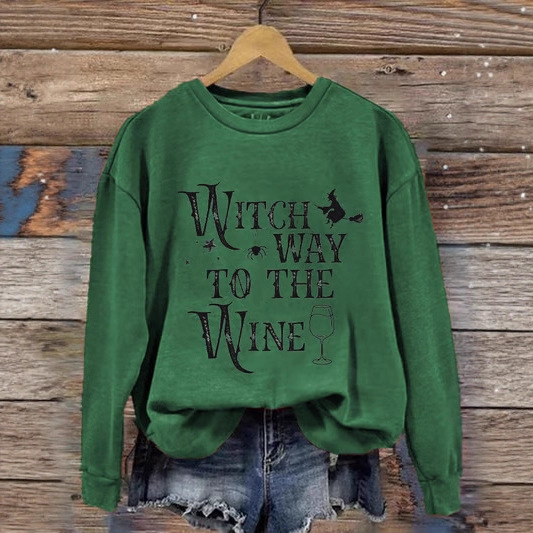 Women's Halloween Witch Wine Glass Print Crewneck Sweatshirt