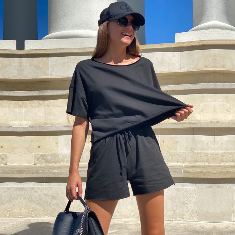 Women's Solid Color Crewneck Short Sleeve Drawstring Two-Piece Set