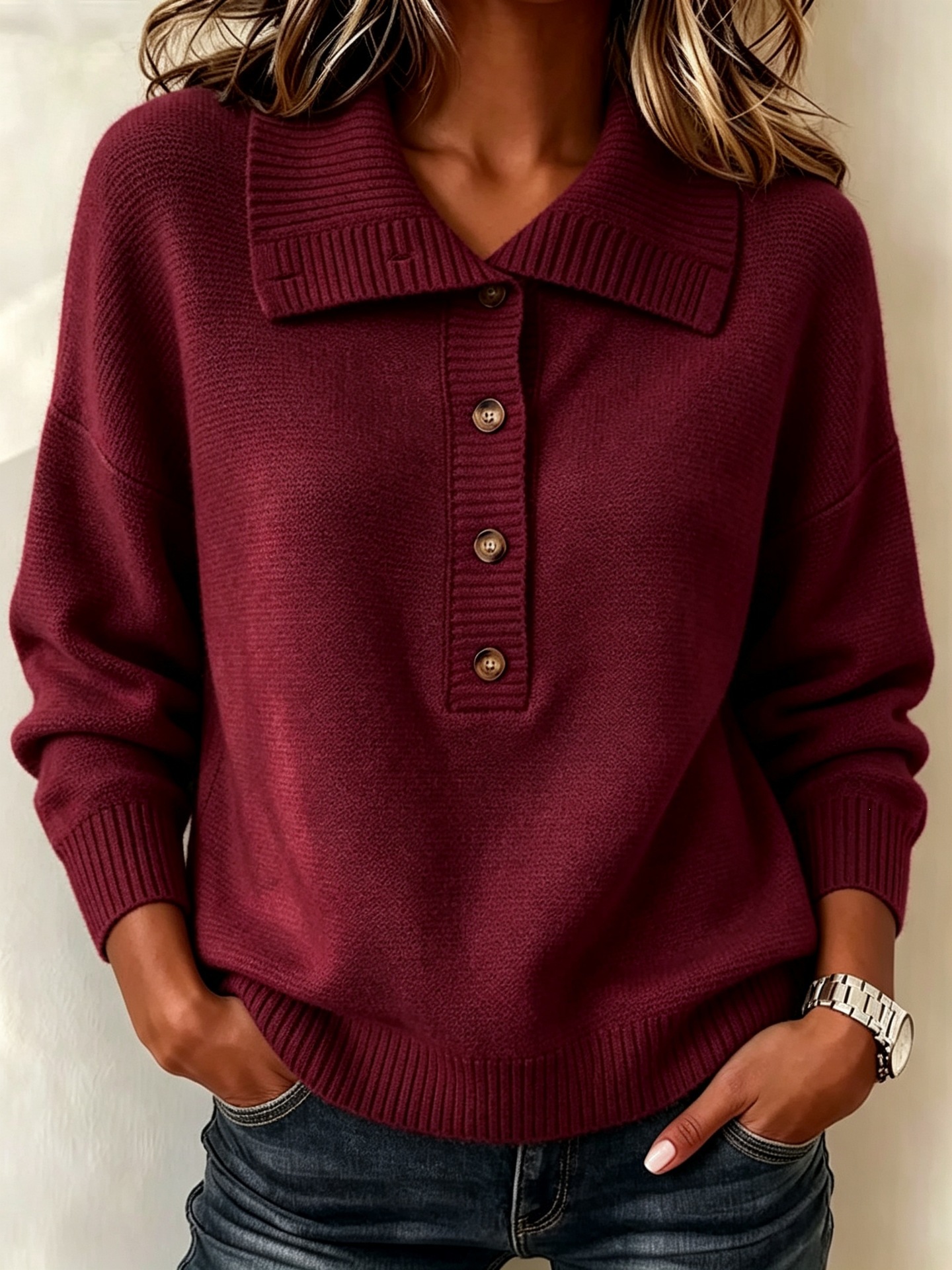 Retro Button Knit Sweater Solid Color Loose Casual Women's Top