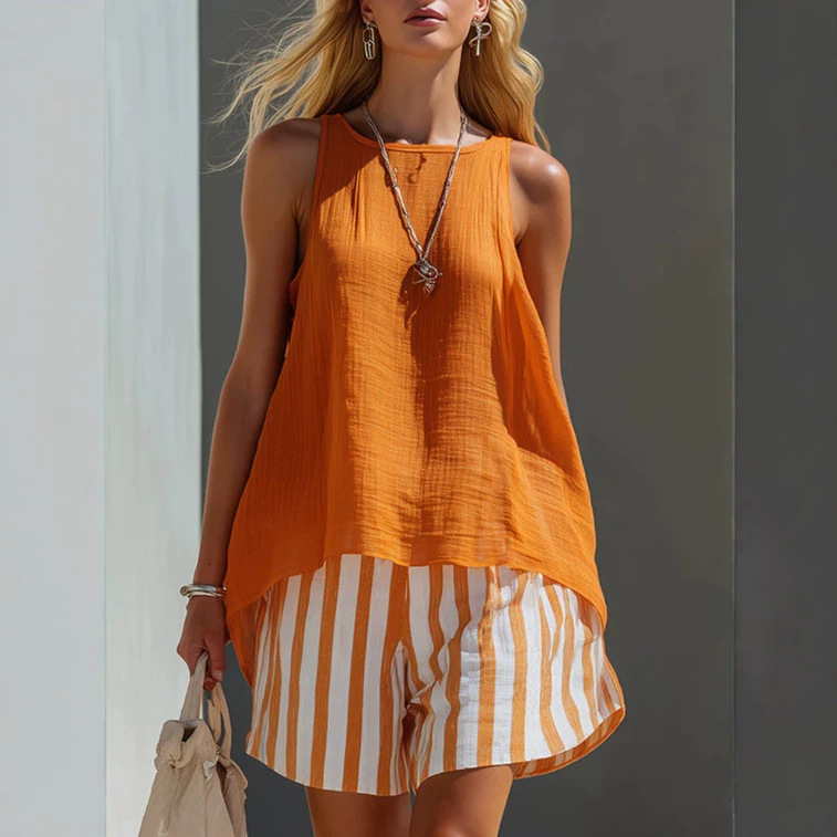 Elegant Retro Silhouette Orange Cotton-Linen Vest and Striped Shorts Set