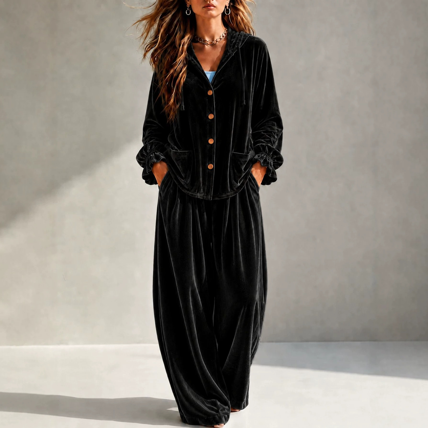 Velvet Open-Front Cardigan and Pants Two-Piece Set with Pockets