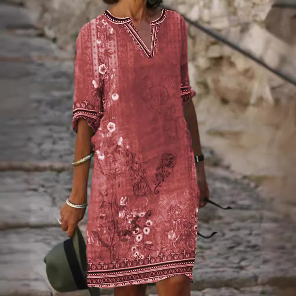 Women's Ethnic Floral Print V-Neck Casual Long Dress