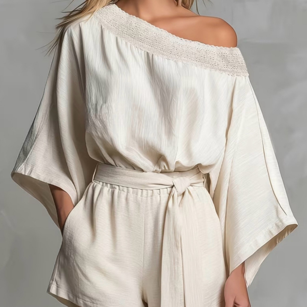 Solid One-Shoulder Long-Sleeve Top and Shorts Two-Piece Set