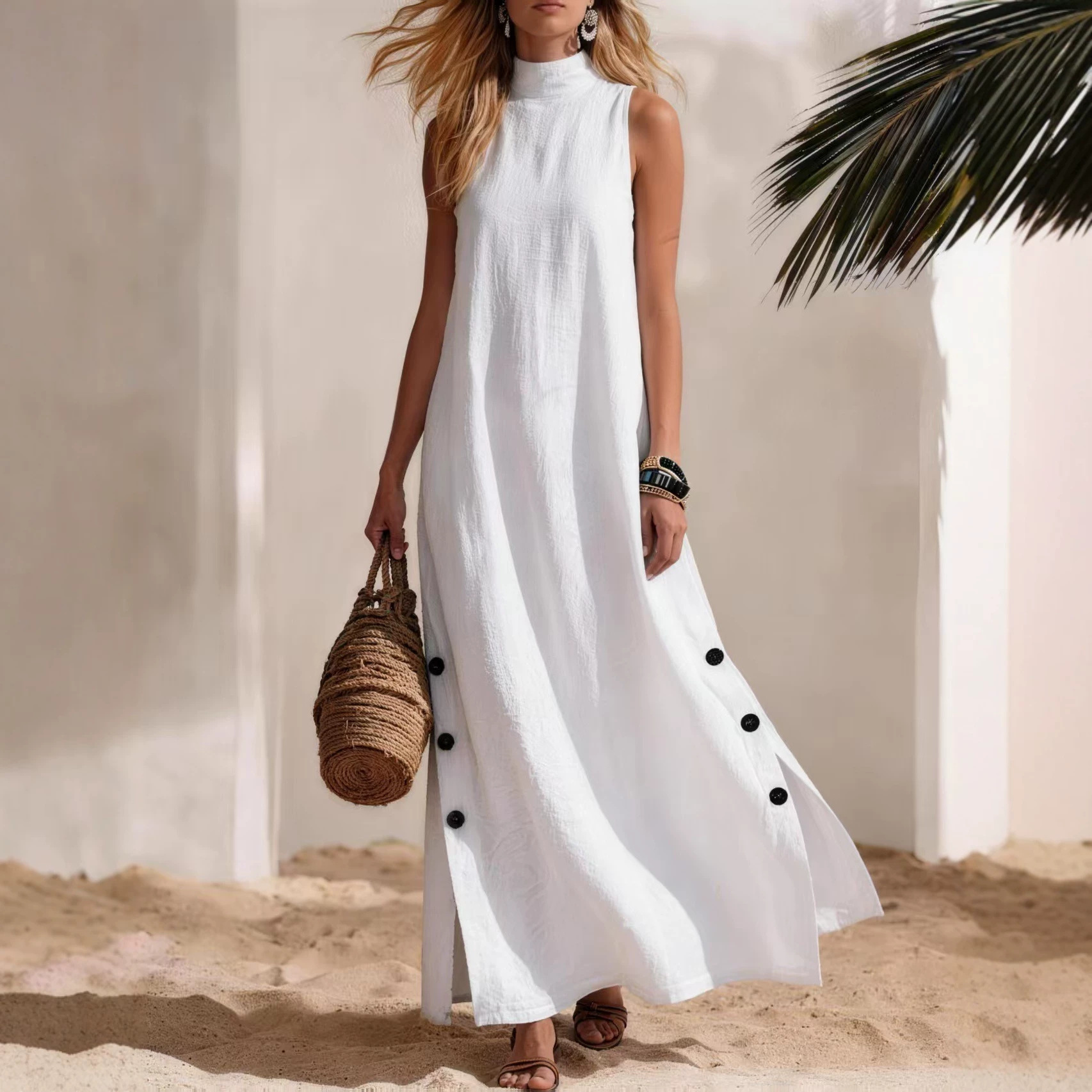 Women's Cotton Linen Short Sleeve Sleeveless Side Slit Midi Dress