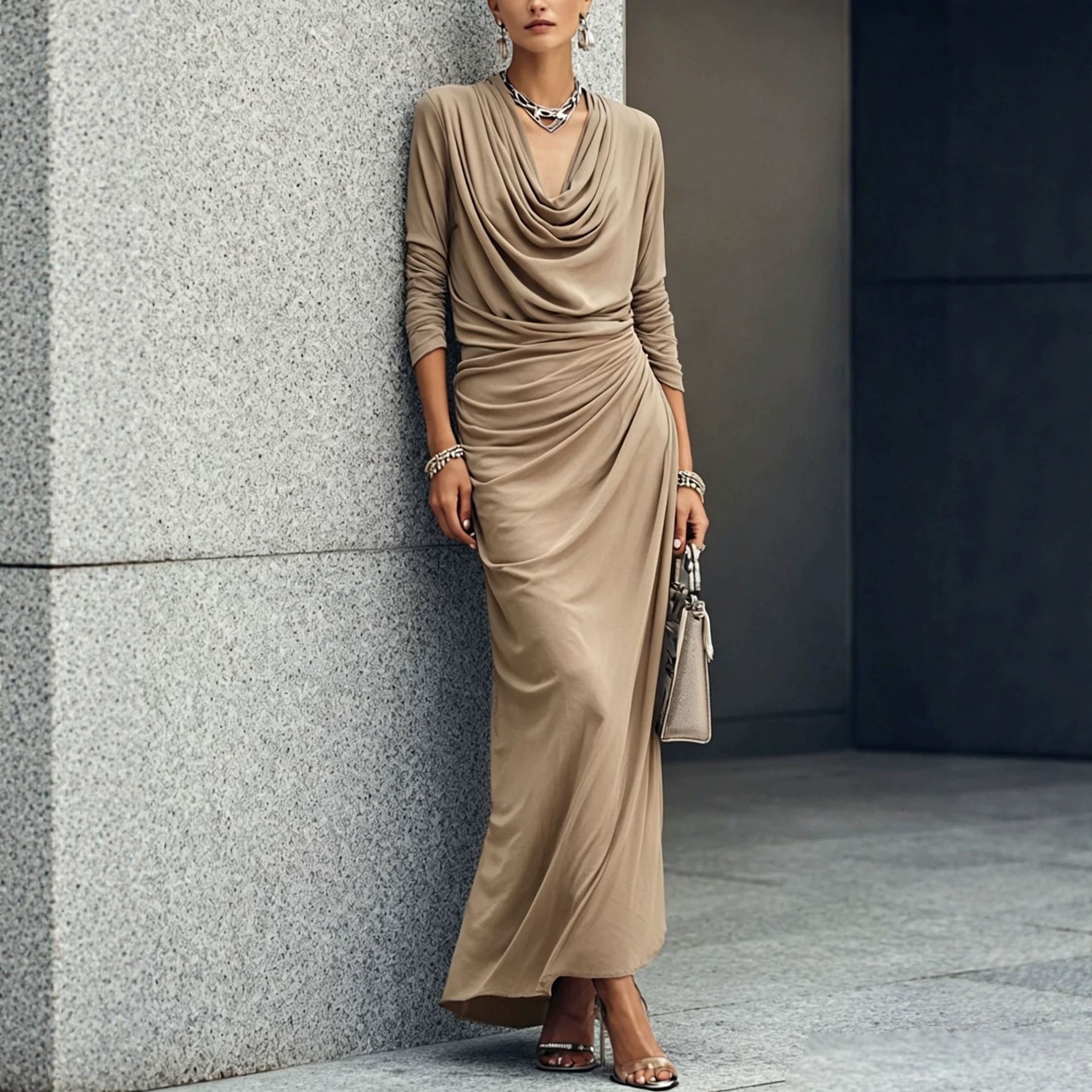 Women's Long Sleeve Draped Neck Ruched Waist Midi Dress