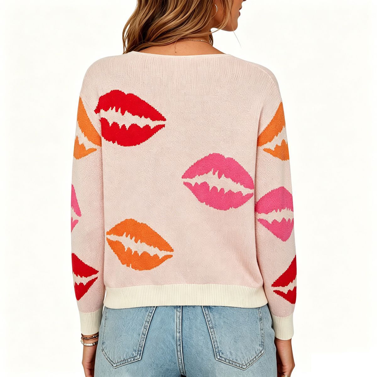Women's Lip Jacquard V-Neck Pullover Sweater