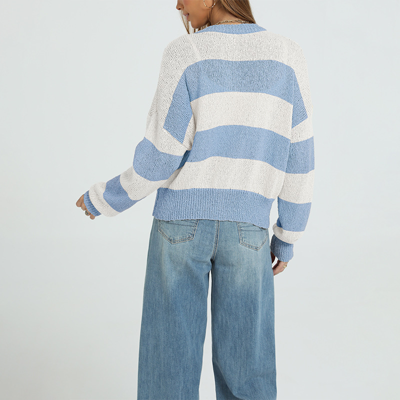 Striped Knit Cardigan Long Sleeve Round Neck Button-Up Sweater