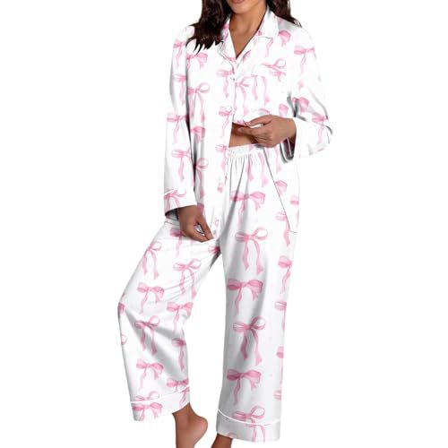 Women's Cuban Collar Christmas Bow Print Long Sleeve Shirt Set