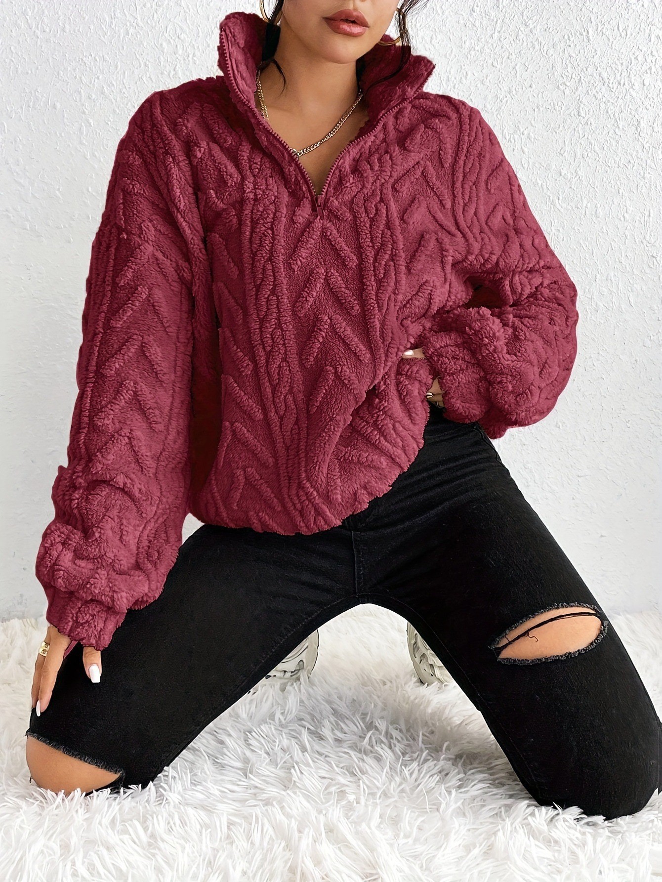 Women's Double-Sided Fleece Pullover Zip-Up Top