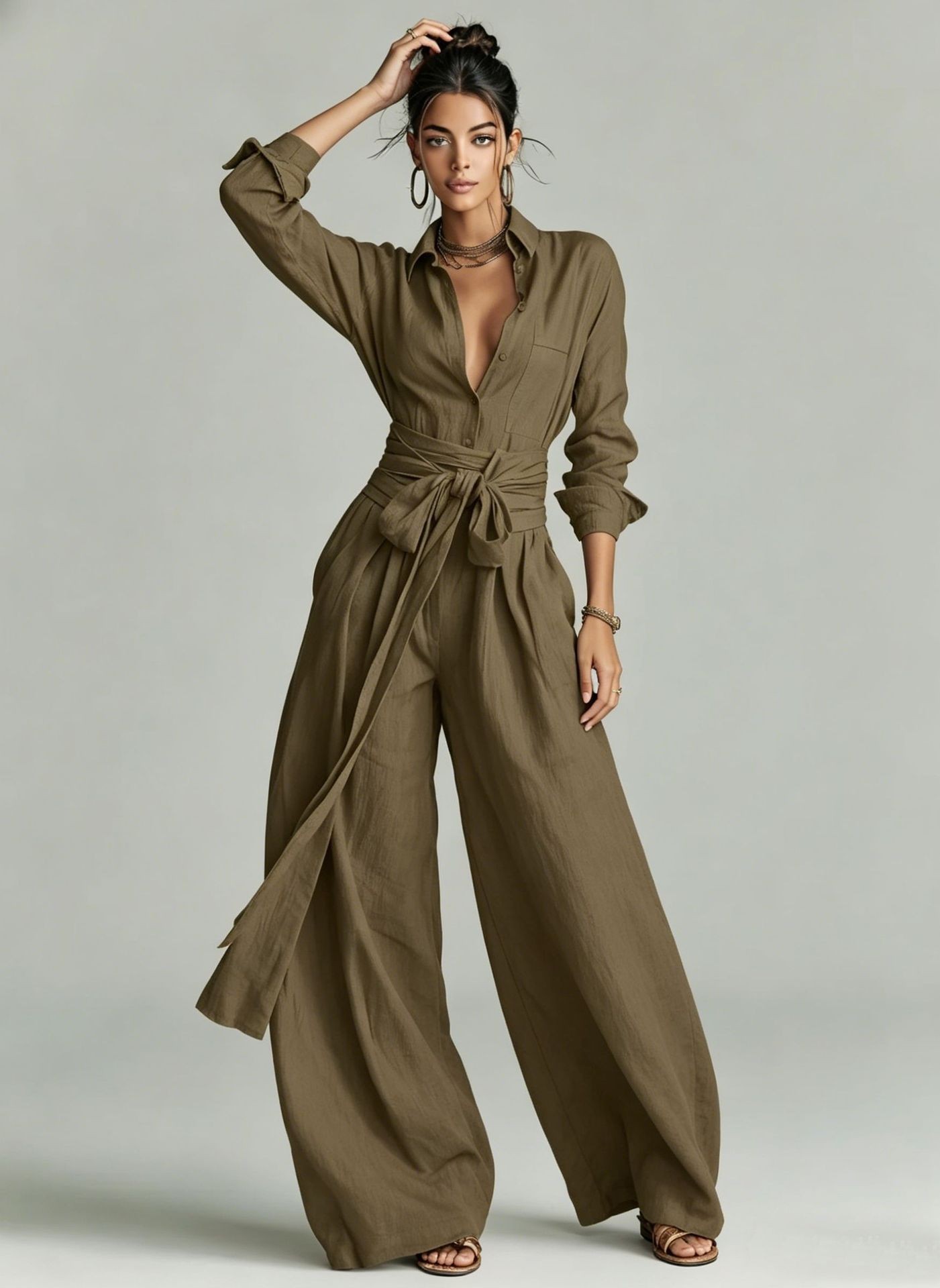 Solid High-Waist Short-Sleeve Shirt & Pants Casual Set
