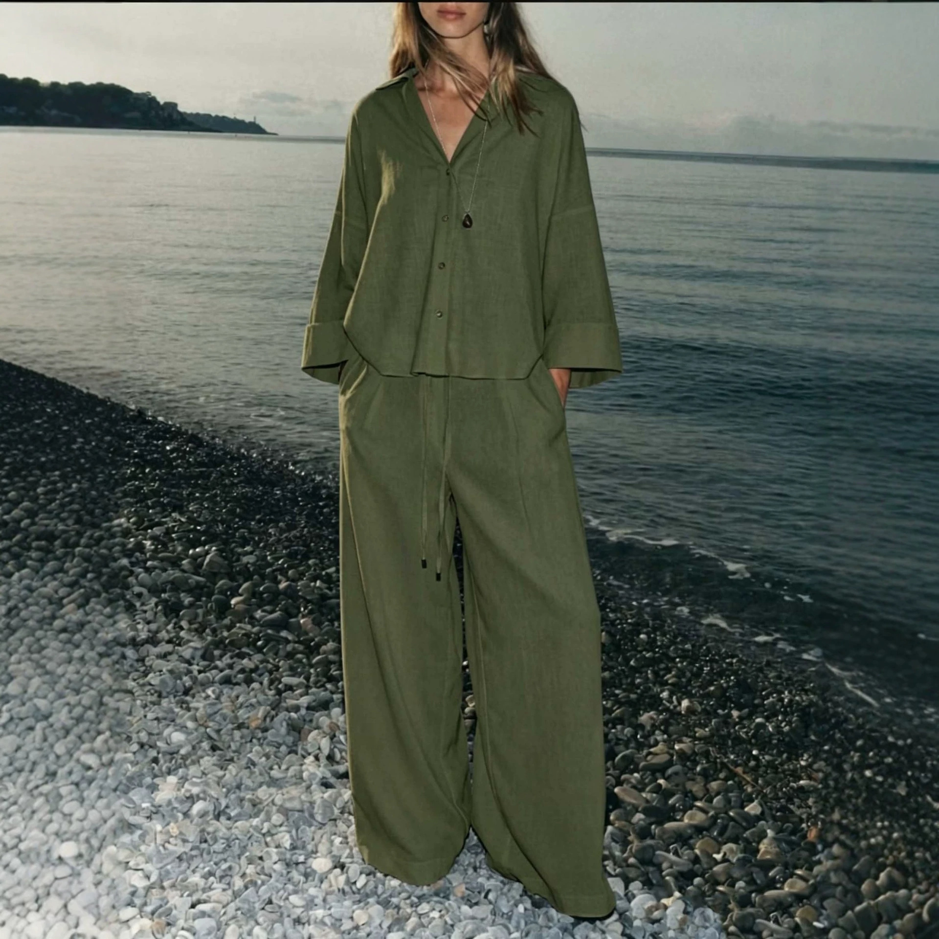 Women's Solid Color Shirt and Pants Set Casual Cotton Blend